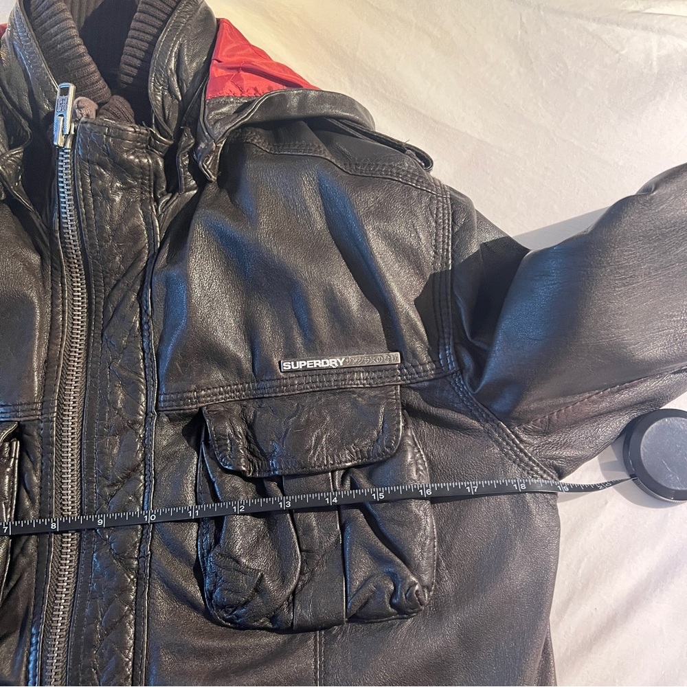 Superdry Men's Brown Leather Hooded Jacket with Red Lining - Picture 3 of 8